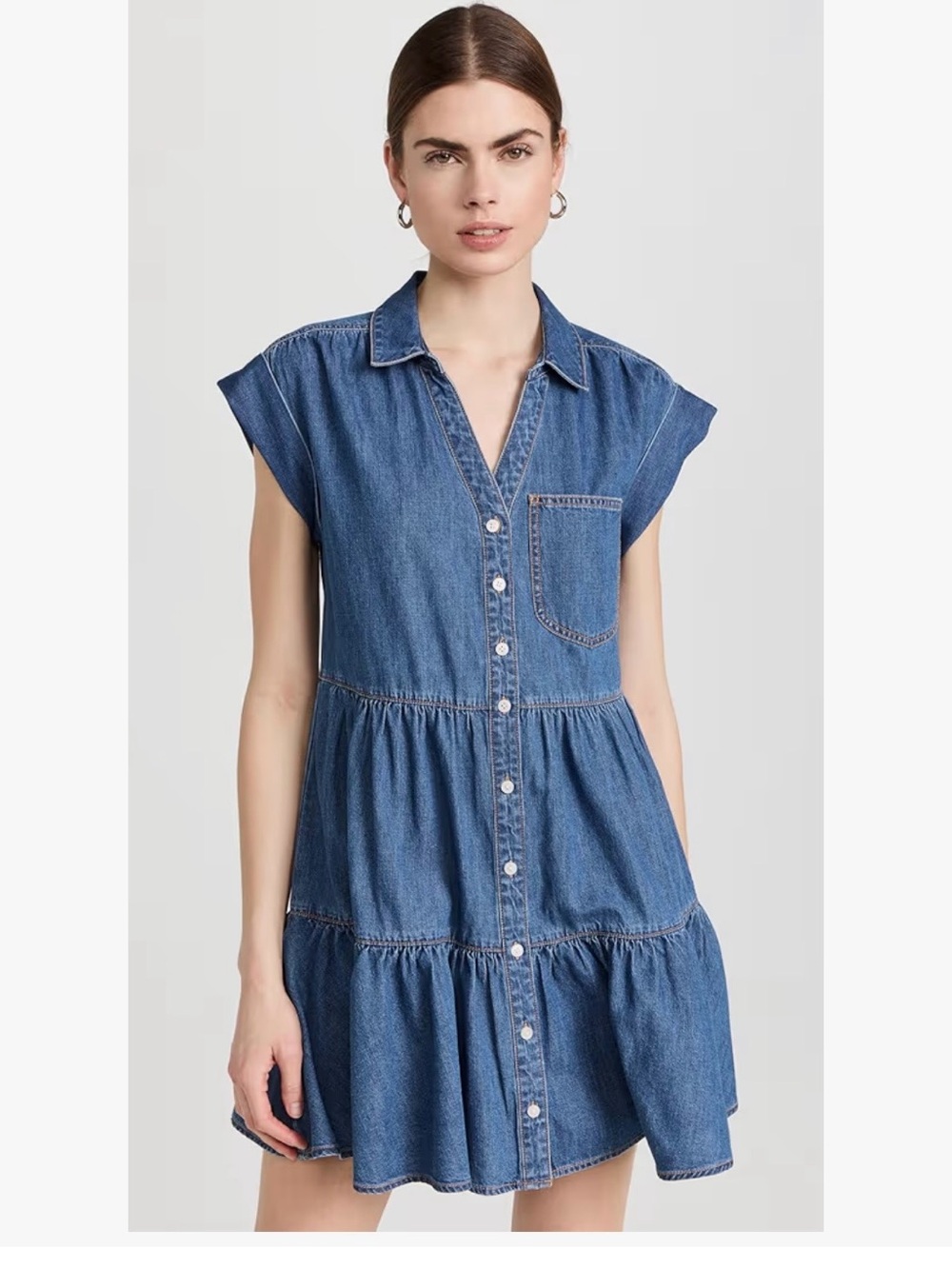Veronica Beard Trisha Blue Cotton Denim Button Front Tiered Mini Dress XS